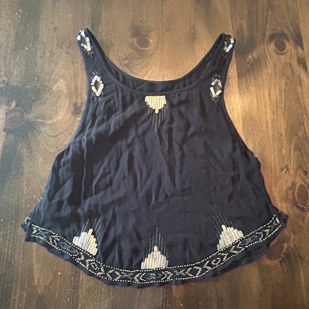Free People Tank Top Medium Black Sequin Beaded Boho Crop Scoop Open Sides Flowy